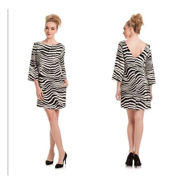 Trina Turk 4 Statement Sleeve Zebra Print Mini Dress Black White Psychedelic - Picture 1 of 11